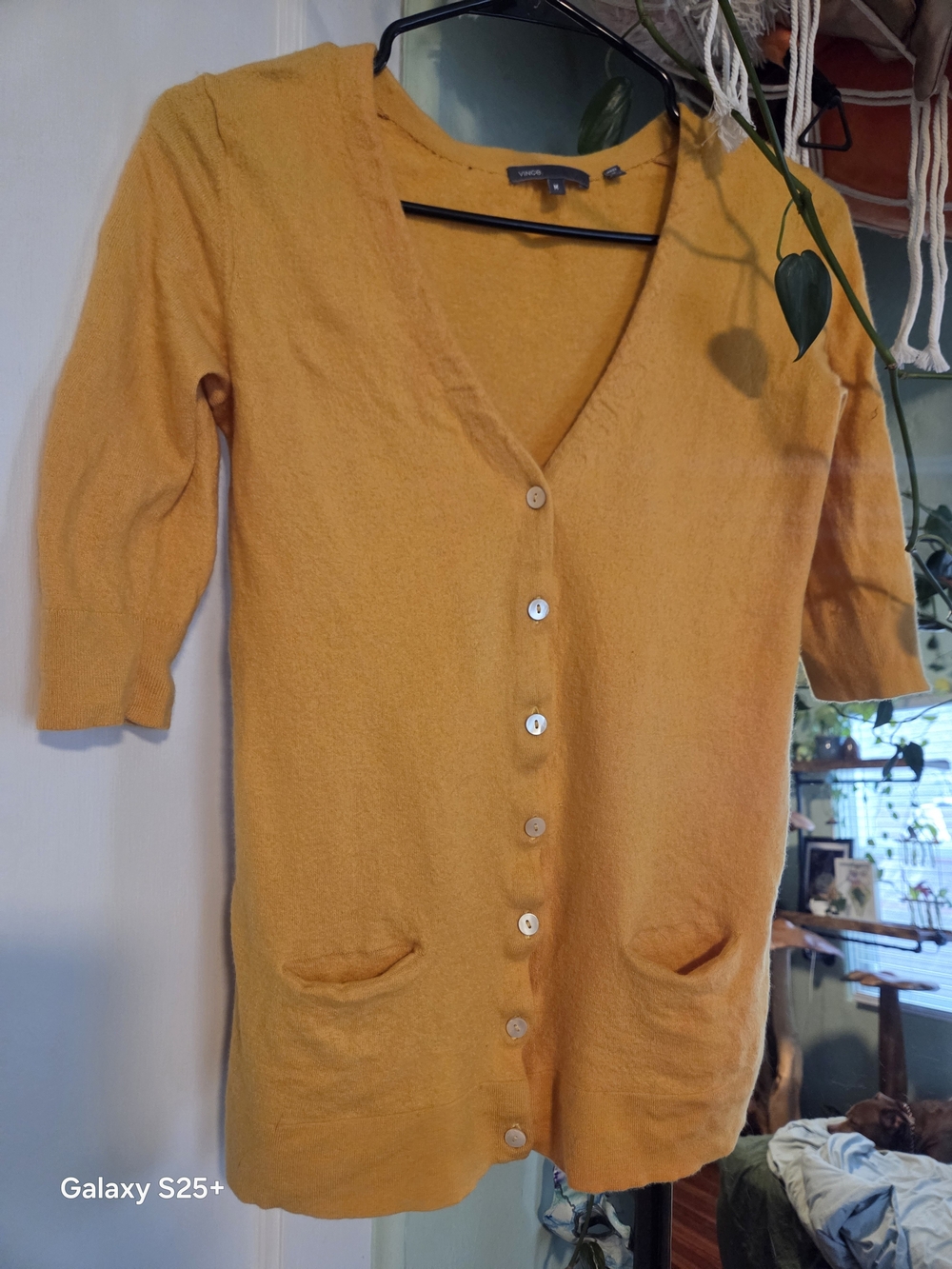 Vince Designer Yellow Button-Front V-Neck Cardigan 100% Cashmere Medium